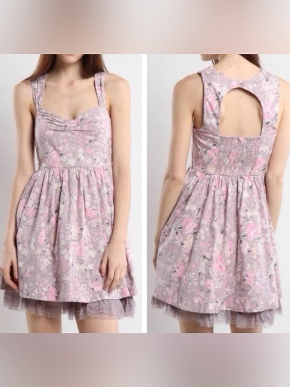 Free People Lavender and Pink Floral Back Cut Out Dress with Tulle Hem - Size 10